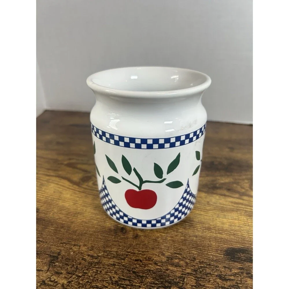 Rosenthal Netter Apple Crock Utensil Holder Portugal 1987 Blue Check Cottage Jar